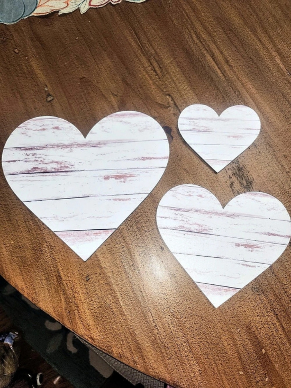Set of 3 White & Brown Wooden Heart Decor